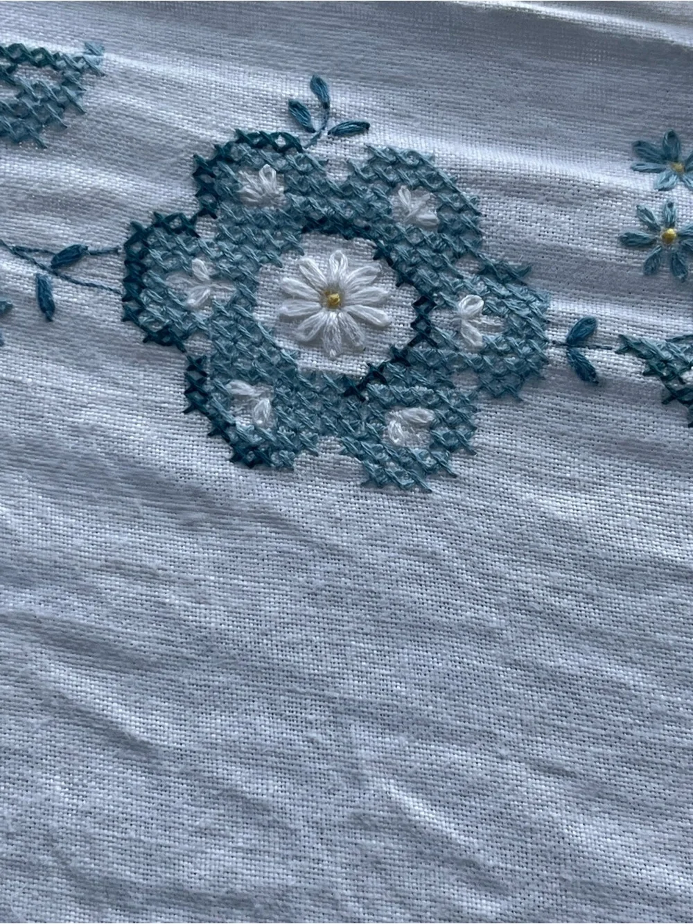 Embroidered White Linen tablecloth with blue flowers Motif